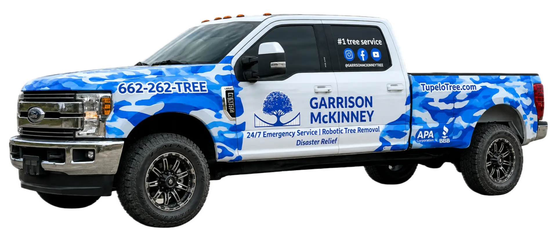 Oxford tree removal and tree service truck serving Oxford and Lafayette County, MS Oxford Tree Removal service truck, powered by Garrison McKinney Tree Service, on call for tree removal and 24/7 storm response in Oxford, Mississippi